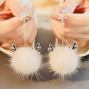 SNOWFLAKE Deer Pom Pom Dangle Earrings